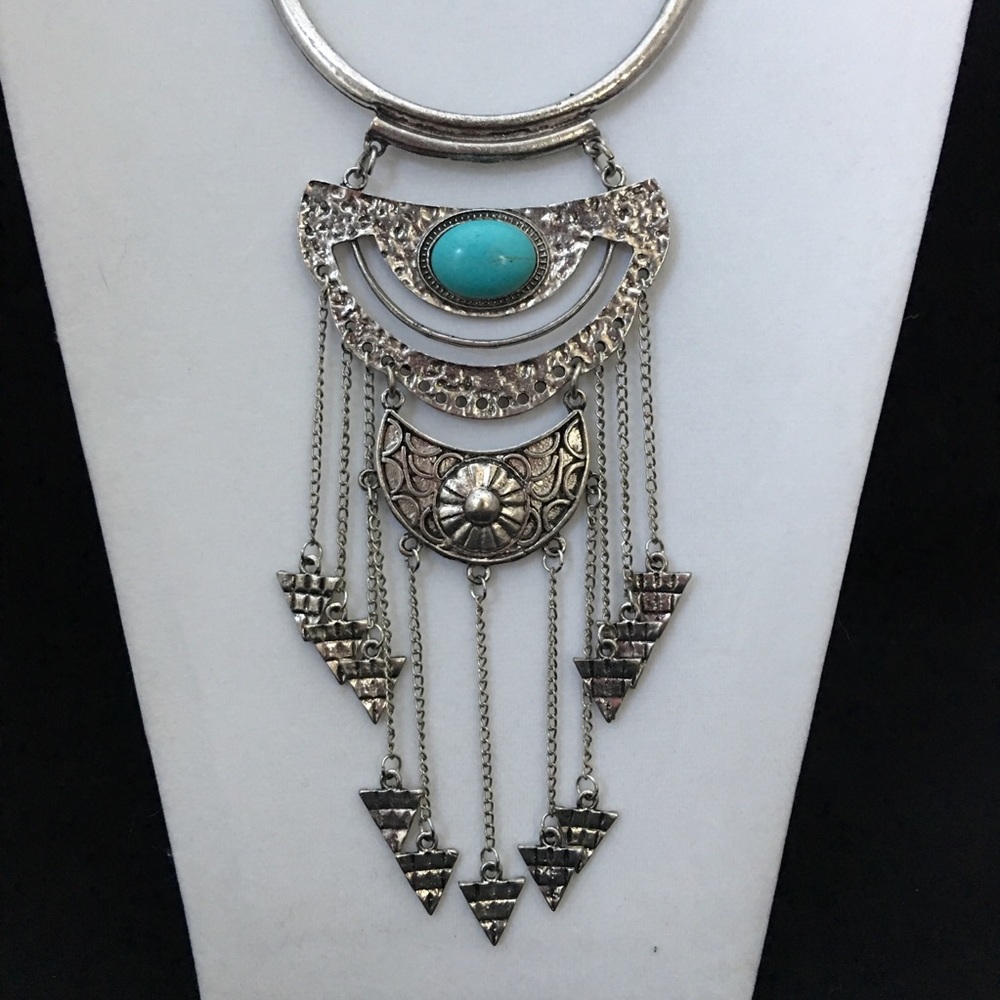 Turquoise Silver Metal Statement Choker Necklace
